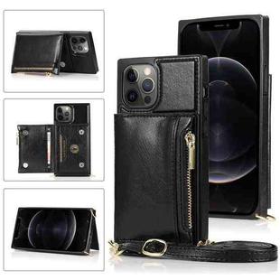 For iPhone 12 / 12 Pro Square Zipper Wallet Bag TPU+PU Back Cover Case with Holder & Card Slots & Wallet & Cross-body Strap(Black)