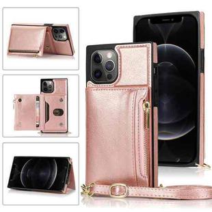 For iPhone 12 Pro Max Square Zipper Wallet Bag TPU+PU Back Cover Case with Holder & Card Slots & Wallet & Cross-body Strap(Rose Glod)