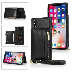 For iPhone X / XS Square Zipper Wallet Bag TPU+PU Back Cover Case with Holder & Card Slots & Wallet & Cross-body Strap(Black)