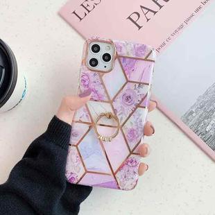 For iPhone 11 Gold Rimmed Splicing Marble Pattern Plating Double-layer PC Case with Ring Holder (Light Purple Flowers)