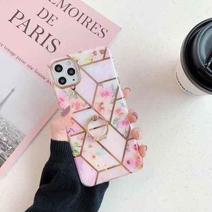 For iPhone 11 Gold Rimmed Splicing Marble Pattern Plating Double-layer PC Case with Ring Holder (Pink Flowers)