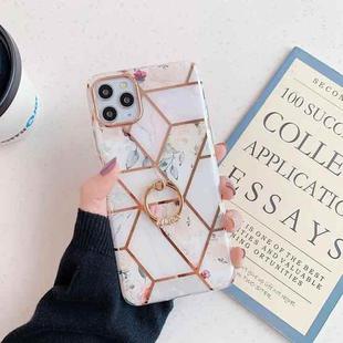 Gold Rimmed Splicing Marble Pattern Plating Double-layer PC Case with Ring Holder For iPhone 11 Pro Max(Vintage Flowers)