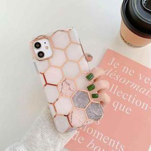 For iPhone 11 Gold Rimmed Marble Pattern Plating Double-layer PC Case (Grey Pink)