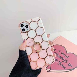 For iPhone 11 Gold Rimmed Marble Pattern Plating Double-layer PC Case with Ring Holder (Pink)