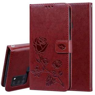 For Samsung Galaxy A21s Rose Embossed Horizontal Flip PU Leather Case with Holder & Card Slots & Wallet(Brown)