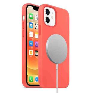 For iPhone 12 mini Magnetic Liquid Silicone Full Coverage Shockproof Magsafe Case with Magsafe Charging Magnet (Pink Orange)