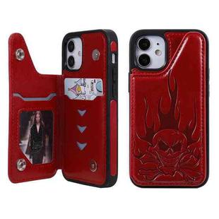 For iPhone 12 mini Skull Head Embossing Pattern Shockproof Protective Case with Holder & Card Slots & Wallet (Red)