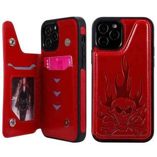 For iPhone 12 / 12 Pro Skull Head Embossing Pattern Shockproof Protective Case with Holder & Card Slots & Wallet(Red)