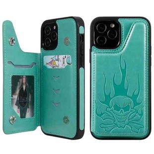 For iPhone 12 / 12 Pro Skull Head Embossing Pattern Shockproof Protective Case with Holder & Card Slots & Wallet(Green)