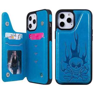 For iPhone 12 Pro Max Skull Head Embossing Pattern Shockproof Protective Case with Holder & Card Slots & Wallet(Blue)