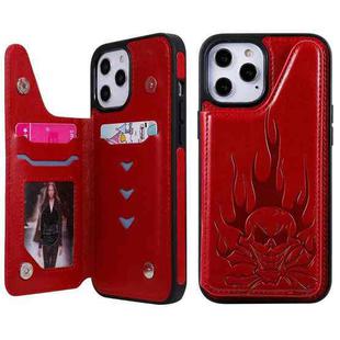 For iPhone 12 Pro Max Skull Head Embossing Pattern Shockproof Protective Case with Holder & Card Slots & Wallet(Red)