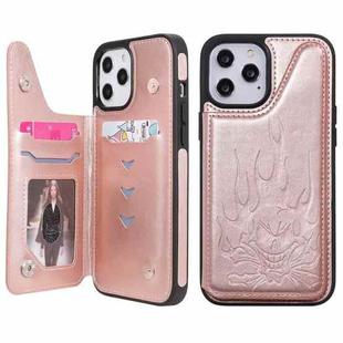 For iPhone 12 Pro Max Skull Head Embossing Pattern Shockproof Protective Case with Holder & Card Slots & Wallet(Rose Gold)