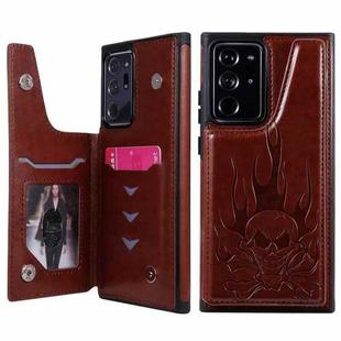 For Samsung Galaxy Note20 Ultra Skull Head Embossing Pattern Shockproof Protective Case with Holder & Card Slots & Wallet(Brown)