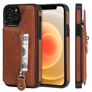 For iPhone 12 / 12 Pro Solid Color Double Buckle Zipper Shockproof Protective Case(Brown)