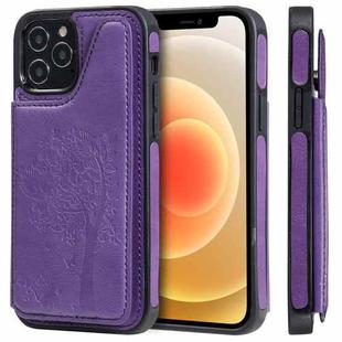 For iPhone 12 / 12 Pro Cat Tree Embossing Pattern Shockproof Protective Case with Card Slots & Photo Frame & Holder(Purple)