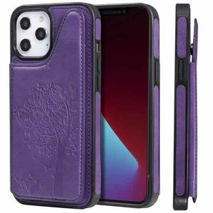 For iPhone 12 Pro Max Cat Tree Embossing Pattern Shockproof Protective Case with Card Slots & Photo Frame & Holder(Purple)