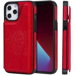 For iPhone 12 Pro Max Cat Tree Embossing Pattern Shockproof Protective Case with Card Slots & Photo Frame & Holder(Red)