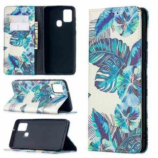 For Samsung Galaxy A21s Colored Drawing Pattern Invisible Magnetic Horizontal Flip PU Leather Case with Holder & Card Slots & Wallet(Blue Leaf)