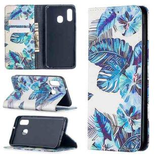 For Samsung Galaxy A40 Colored Drawing Pattern Invisible Magnetic Horizontal Flip PU Leather Case with Holder & Card Slots & Wallet(Blue Leaf)
