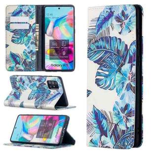 For Samsung Galaxy A71 Colored Drawing Pattern Invisible Magnetic Horizontal Flip PU Leather Case with Holder & Card Slots & Wallet(Blue Leaf)