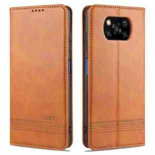 For Xiaomi POCO X3 NFC AZNS Magnetic Calf Texture Horizontal Flip Leather Case with Card Slots & Holder & Wallet(Light Brown)