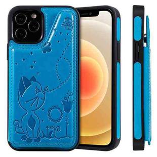 For iPhone 12 / 12 Pro Cat Bee Embossing Pattern Shockproof Protective Case with Card Slots & Photo Frame(Blue)