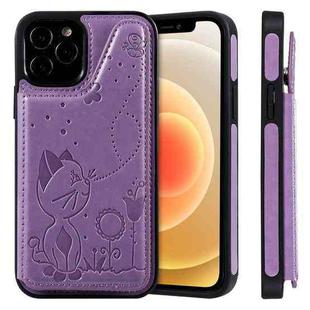 For iPhone 12 / 12 Pro Cat Bee Embossing Pattern Shockproof Protective Case with Card Slots & Photo Frame(Purple)