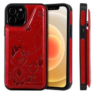 For iPhone 12 / 12 Pro Cat Bee Embossing Pattern Shockproof Protective Case with Card Slots & Photo Frame(Red)