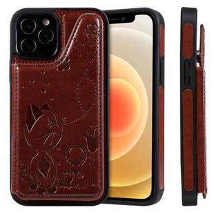 For iPhone 12 / 12 Pro Cat Bee Embossing Pattern Shockproof Protective Case with Card Slots & Photo Frame(Brown)