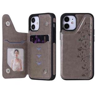 For iPhone 12 mini Six Cats Embossing Pattern Protective Case with Holder & Card Slots & Photo Frame (Grey)