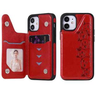 For iPhone 12 mini Six Cats Embossing Pattern Protective Case with Holder & Card Slots & Photo Frame (Red)