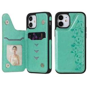 For iPhone 12 mini Six Cats Embossing Pattern Protective Case with Holder & Card Slots & Photo Frame (Green)