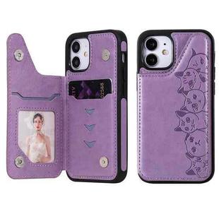 For iPhone 12 mini Six Cats Embossing Pattern Protective Case with Holder & Card Slots & Photo Frame (Purple)