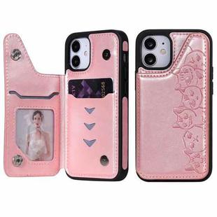 For iPhone 12 mini Six Cats Embossing Pattern Protective Case with Holder & Card Slots & Photo Frame (Rose Gold)