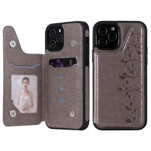 For iPhone 12 / 12 Pro Six Cats Embossing Pattern Protective Case with Holder & Card Slots & Photo Frame(Grey)