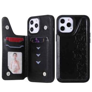 For iPhone 12 Pro Max Six Cats Embossing Pattern Protective Case with Holder & Card Slots & Photo Frame(Black)
