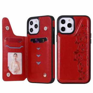 For iPhone 12 Pro Max Six Cats Embossing Pattern Protective Case with Holder & Card Slots & Photo Frame(Red)