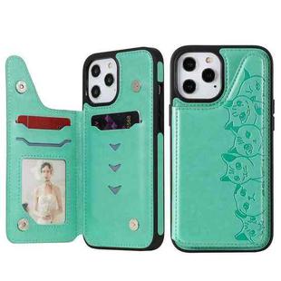 For iPhone 12 Pro Max Six Cats Embossing Pattern Protective Case with Holder & Card Slots & Photo Frame(Green)