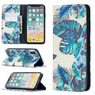 For iPhone X / XS Colored Drawing Pattern Invisible Magnetic Horizontal Flip PU Leather Case with Holder & Card Slots & Wallet(Blue Leaves)