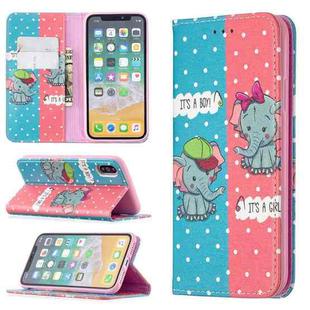 For iPhone X / XS Colored Drawing Pattern Invisible Magnetic Horizontal Flip PU Leather Case with Holder & Card Slots & Wallet(Elephant)
