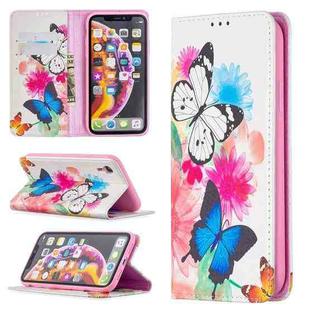 For iPhone XR Colored Drawing Pattern Invisible Magnetic Horizontal Flip PU Leather Case with Holder & Card Slots & Wallet(Two Butterflies)