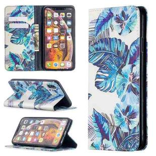 For iPhone XS Max Colored Drawing Pattern Invisible Magnetic Horizontal Flip PU Leather Case with Holder & Card Slots & Wallet(Blue Leaves)