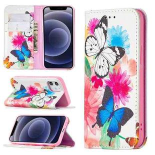 For iPhone 12 mini Colored Drawing Pattern Invisible Magnetic Horizontal Flip PU Leather Case with Holder & Card Slots & Wallet (Two Butterflies)
