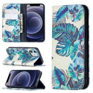 For iPhone 12 mini Colored Drawing Pattern Invisible Magnetic Horizontal Flip PU Leather Case with Holder & Card Slots & Wallet (Blue Leaves)
