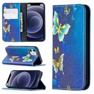 For iPhone 12 mini Colored Drawing Pattern Invisible Magnetic Horizontal Flip PU Leather Case with Holder & Card Slots & Wallet (Gold Butterflies)
