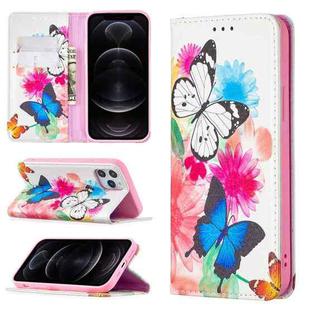 For iPhone 12 / 12 Pro Colored Drawing Pattern Invisible Magnetic Horizontal Flip PU Leather Case with Holder & Card Slots & Wallet(Two Butterflies)