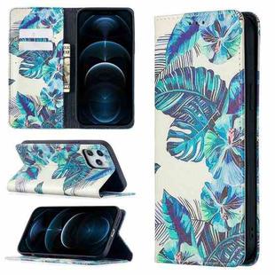 For iPhone 12 Pro Max Colored Drawing Pattern Invisible Magnetic Horizontal Flip PU Leather Case with Holder & Card Slots & Wallet(Blue Leaves)