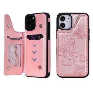 For iPhone 12 mini Butterfly Embossing Pattern Shockproof Protective Case with Holder & Card Slots & Photo Frame (Rose Gold)