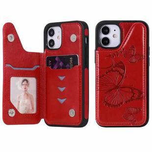 For iPhone 12 mini Butterfly Embossing Pattern Shockproof Protective Case with Holder & Card Slots & Photo Frame (Red)