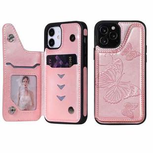 For iPhone 12 / 12 Pro Butterfly Embossing Pattern Shockproof Protective Case with Holder & Card Slots & Photo Frame(Rose Gold)